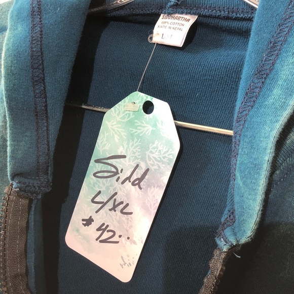 Teal Blue Green Zip Hooded Cardigan Top with Black Peace Sun Design LG NWT - Picture 2 of 14